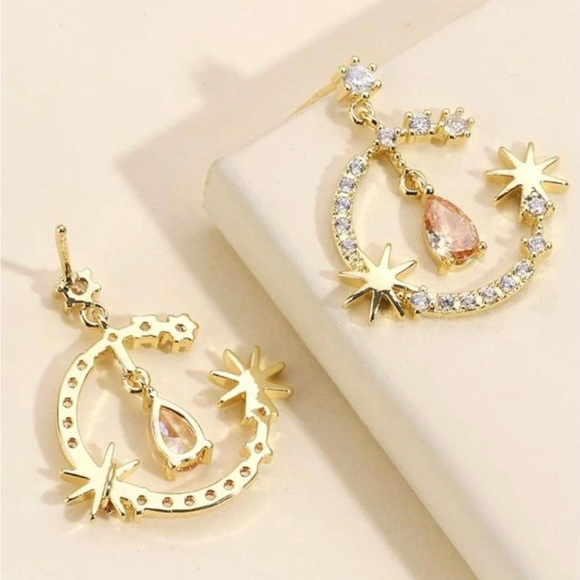 “Stardust Moon” Crystal Pave Crescent 8 Pt Star Morganite Peach Tear Gold Dangle - Picture 4 of 7